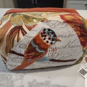 Embroidered Bird Accent Toiletry Travel Cosmetic Bag Handmade Out Of Re Purposed